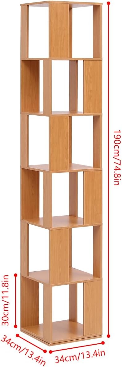 Rotating 6-Tier Tall Bookshelf Slim Corner Display Storage Rack Beech Wood
