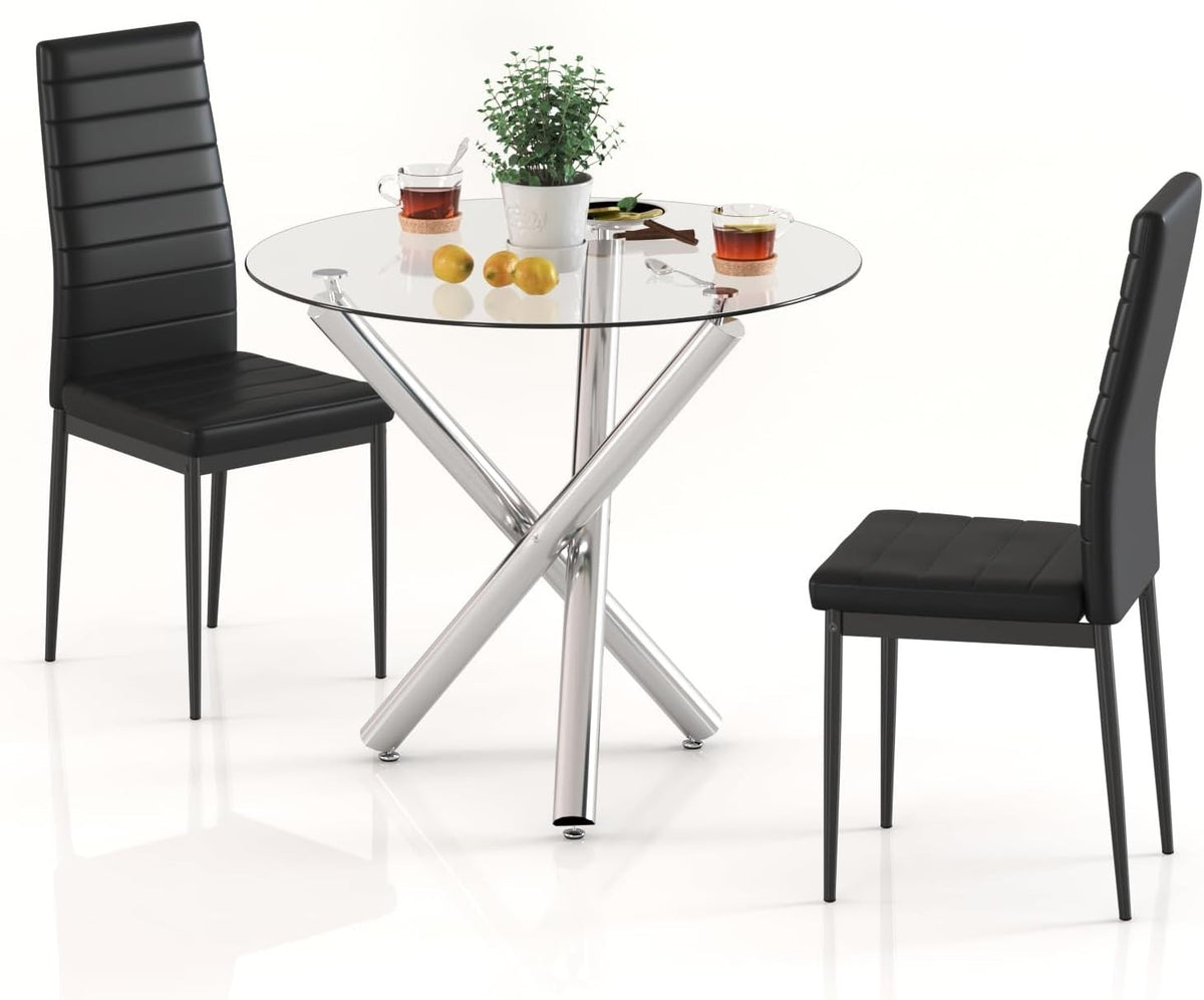 90cm Round Glass Dining Table Set with 2 Black Faux PU Leather Chairs