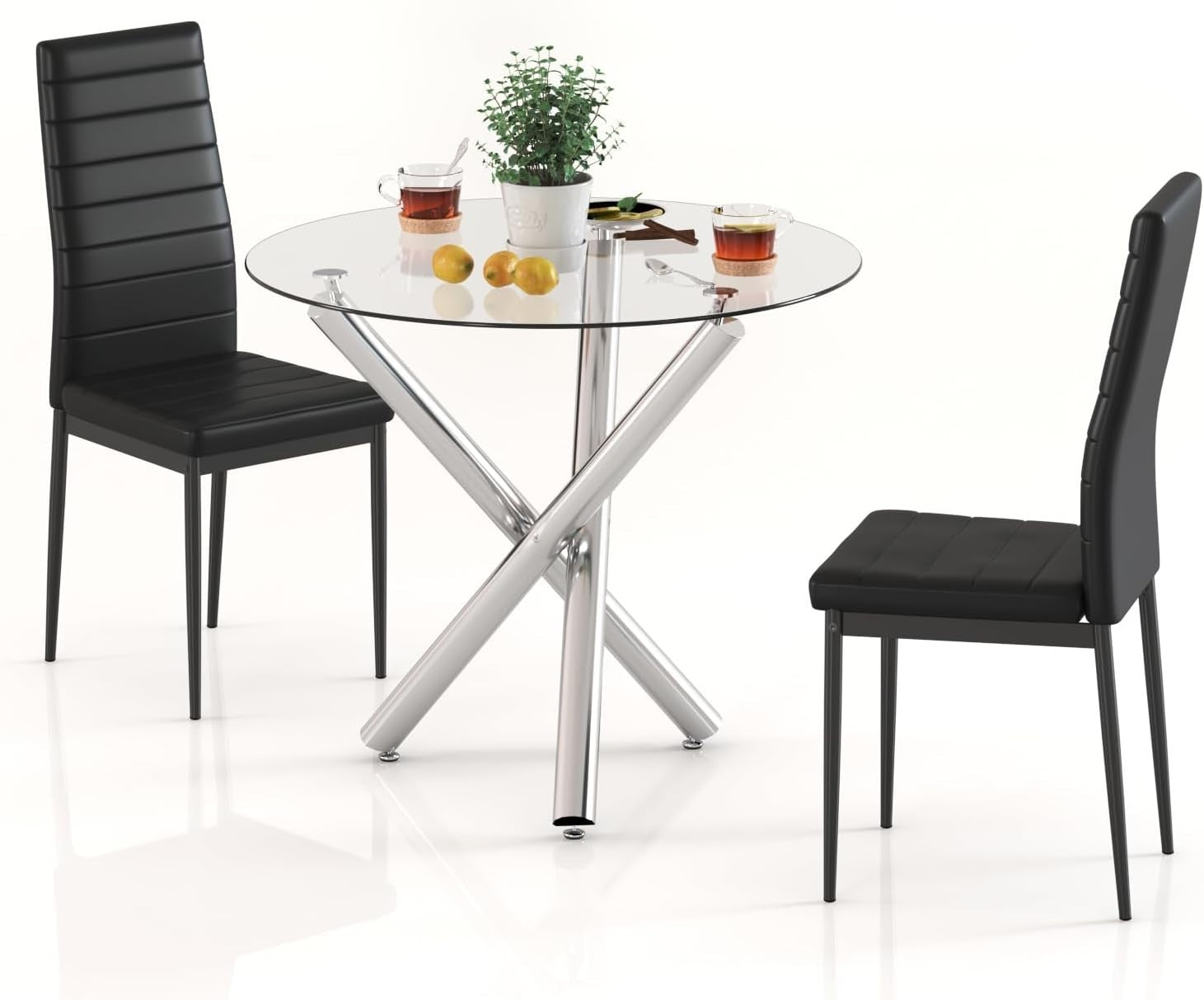 90cm Round Glass Dining Table Set with 2 Black Faux PU Leather Chairs
