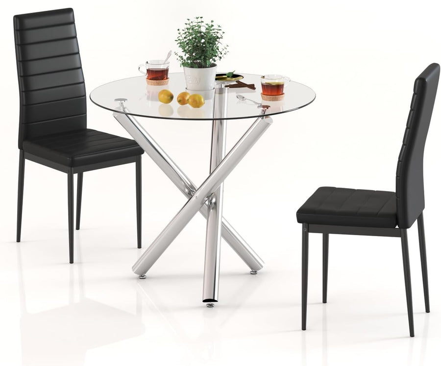 90cm Round Glass Dining Table Set with 2 Black Faux PU Leather Chairs