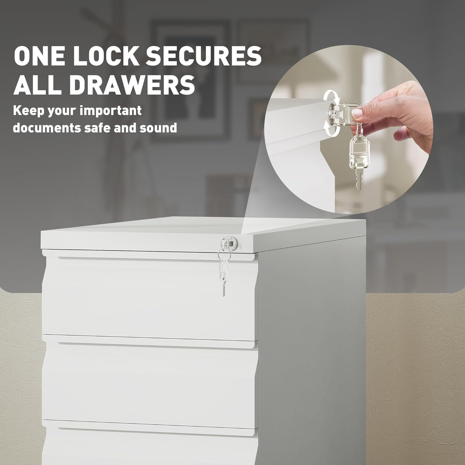White 3 Drawer Lockable File Cabinet 30x43.5x60cm Mobile Cabinet