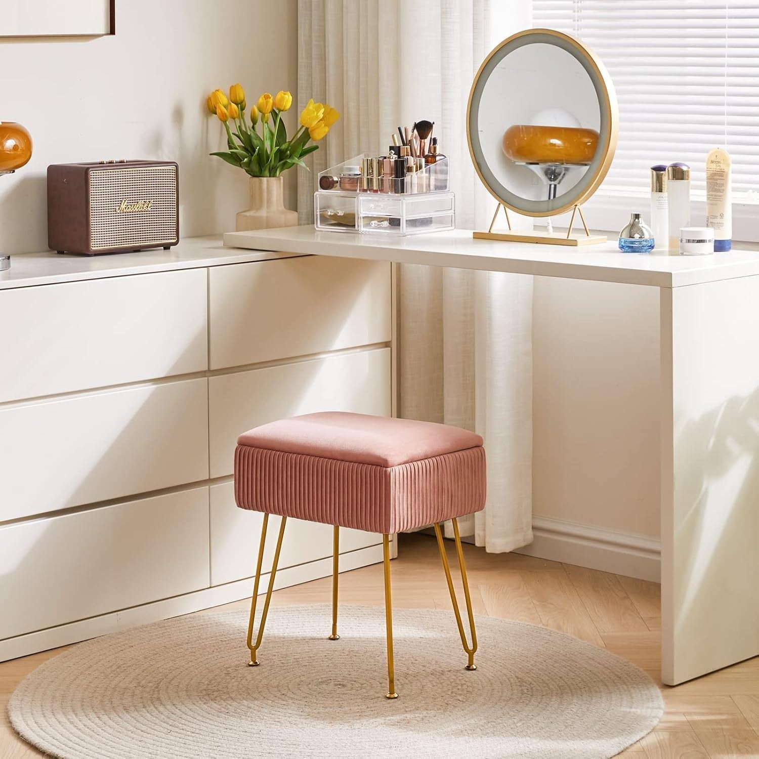 Pink Velvet Storage Ottoman Stool Square Bench Dressing Table Seat