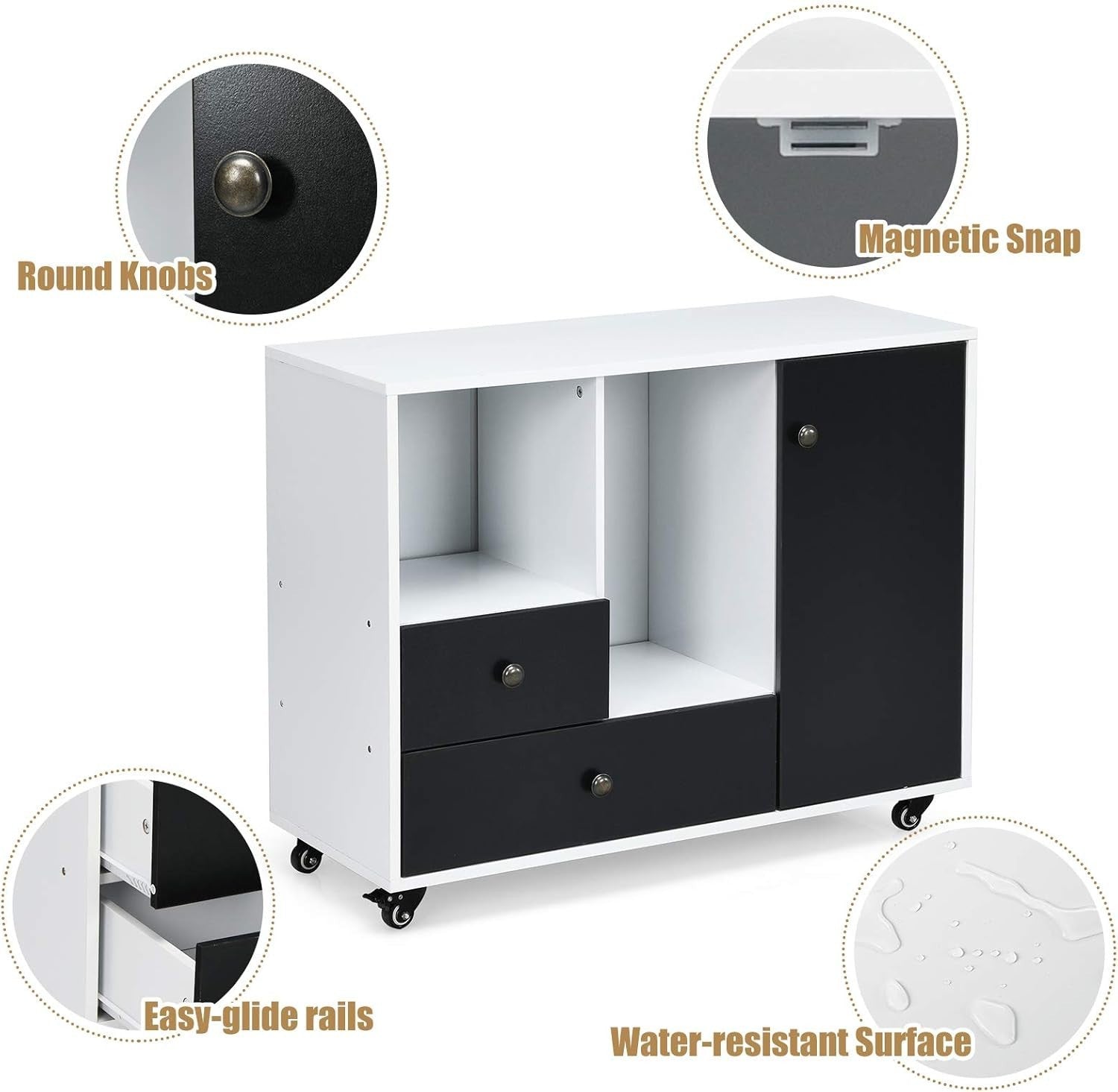 White Black Mobile File Cabinet 90cm Printer Stand Storage Unit