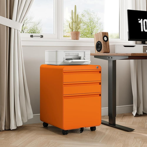 Orange Lockable Metal Filing Cabinet 3 Drawer A4 Anti Tilt on Wheels