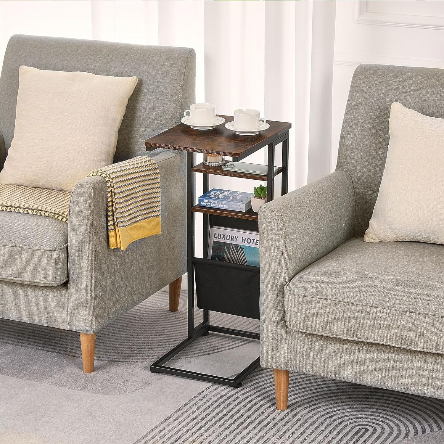 Retro Brown C-Shaped End Table 3-Tier Storage Slim Sofa Side Table Durable