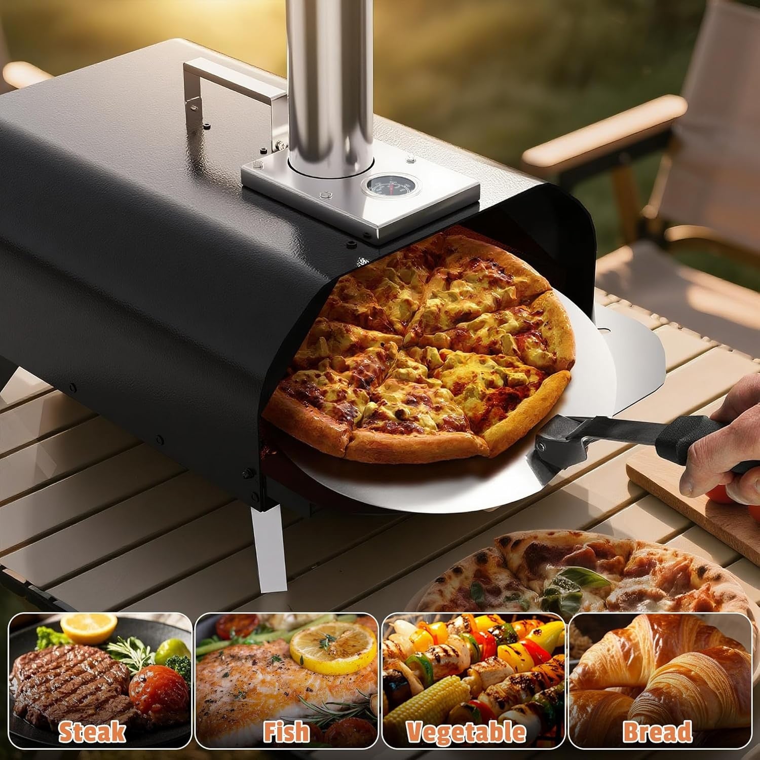 Portable 12" Outdoor Wood Fired Pizza Oven | Stone Grill w/ Peel & Cutter Set