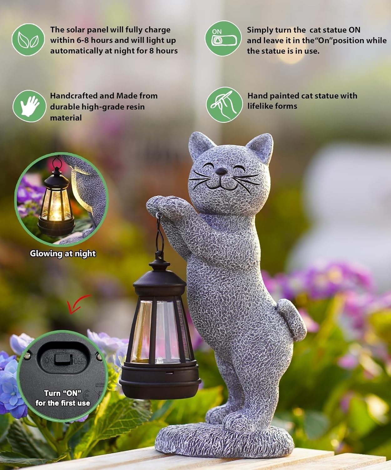 Solar Cat Garden Statue with Lantern | Outdoor LED Ornament Waterproof Patio