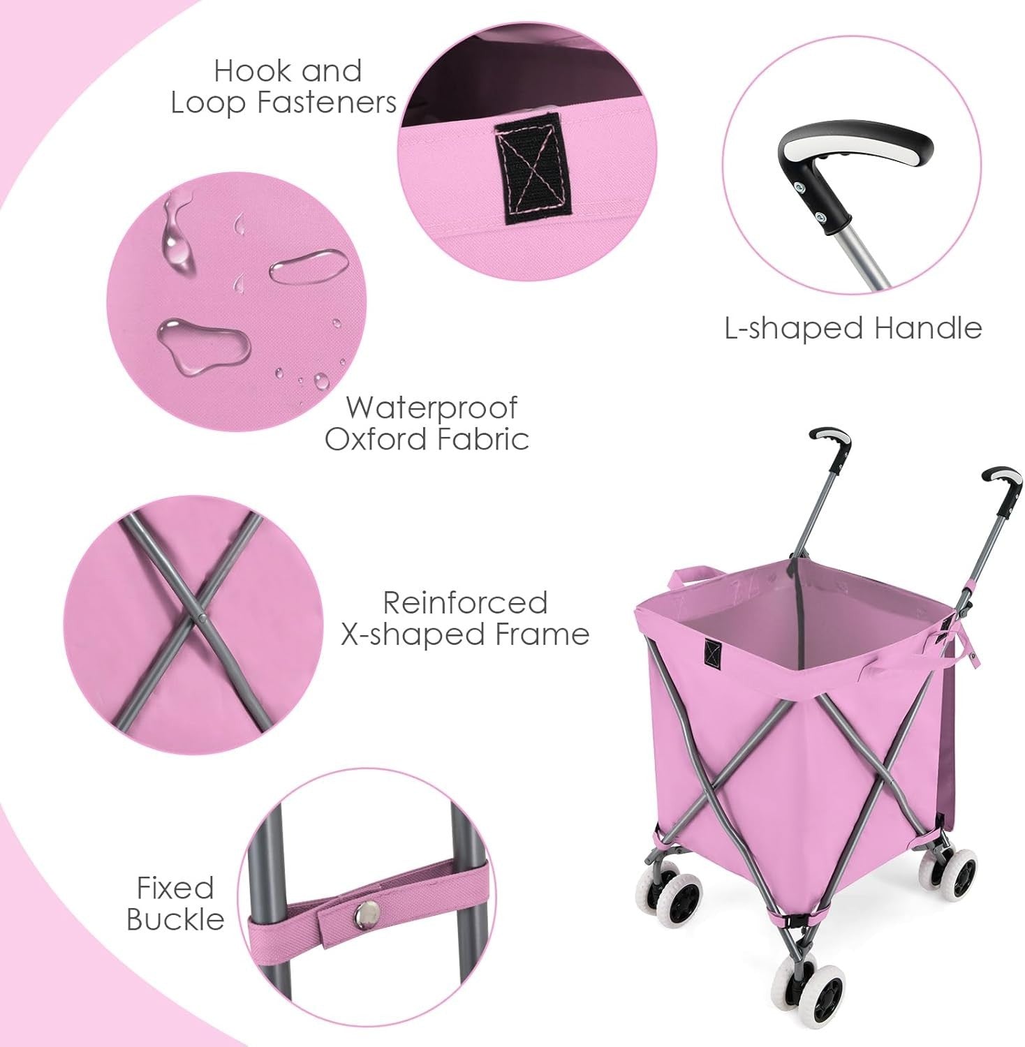 90L Folding Shopping Trolley 8 Wheels Large Push Cart Waterproof Pink