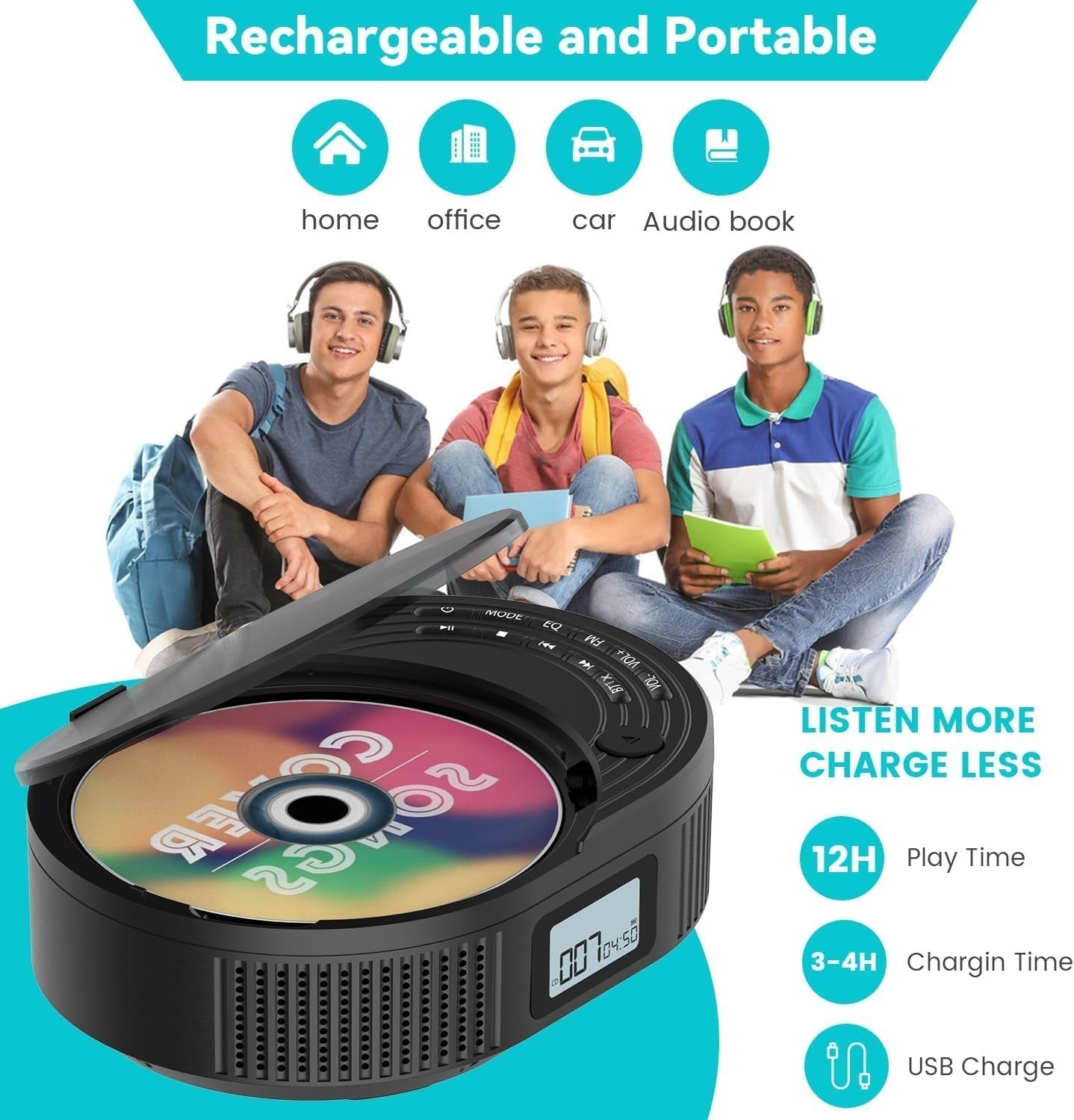 Rechargeable Bluetooth CD Player FM Radio USB AUX Stereo Speakers