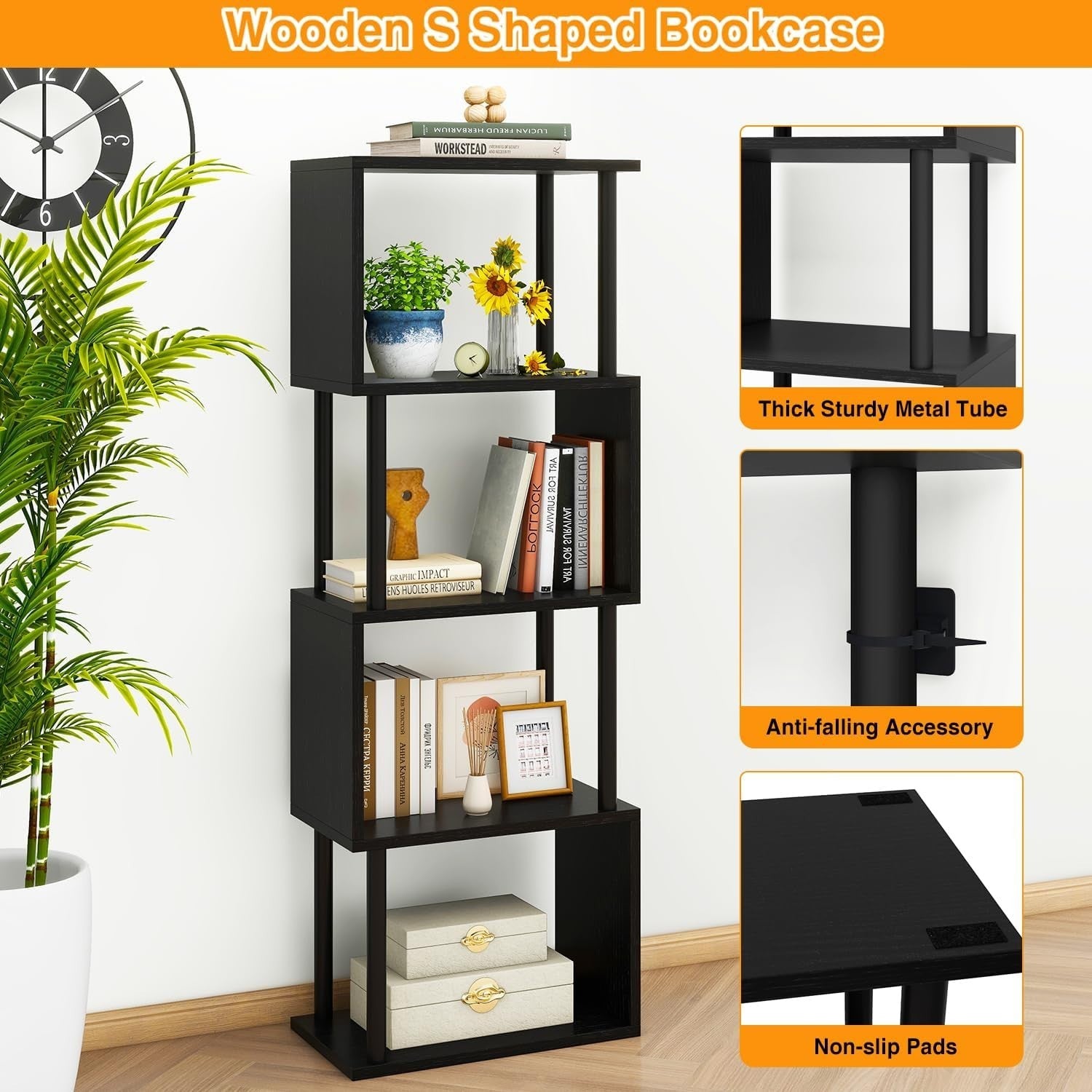 5 Tier S Shaped Bookcase Black Modern Wood Display Storage Shelf 155cm