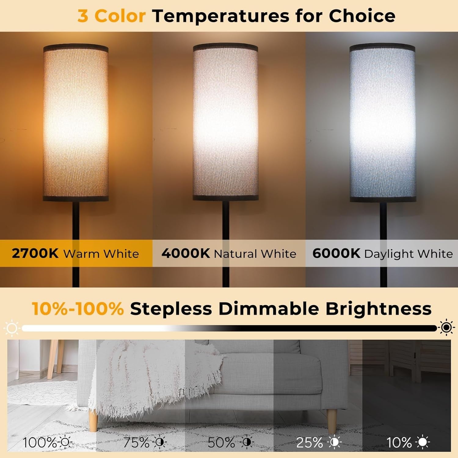 Modern Floor Lamp Linen Shade Remote Foot Switch Dimmable Tall Standing Light