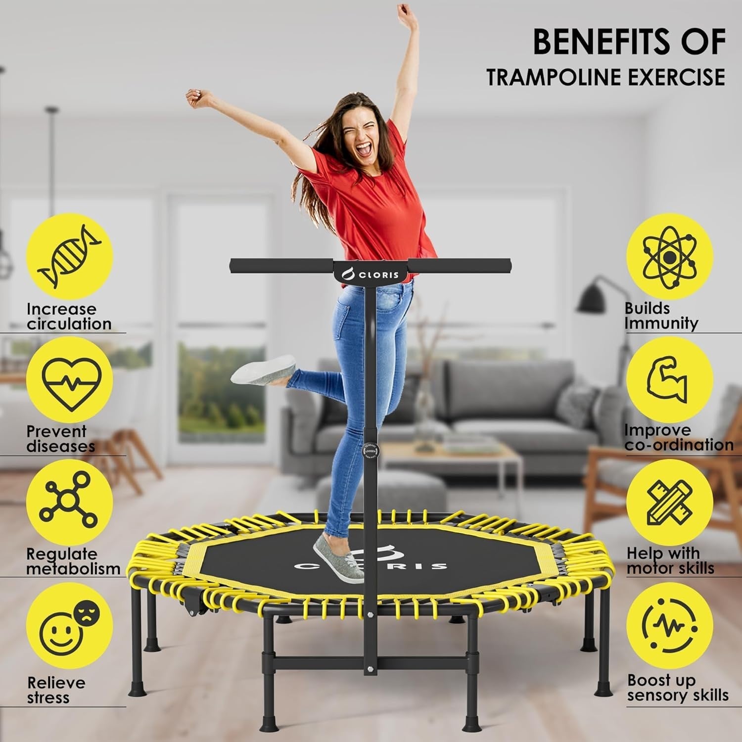 48” Folding Fitness Trampoline Rebounder w Adjustable Handle 450lbs