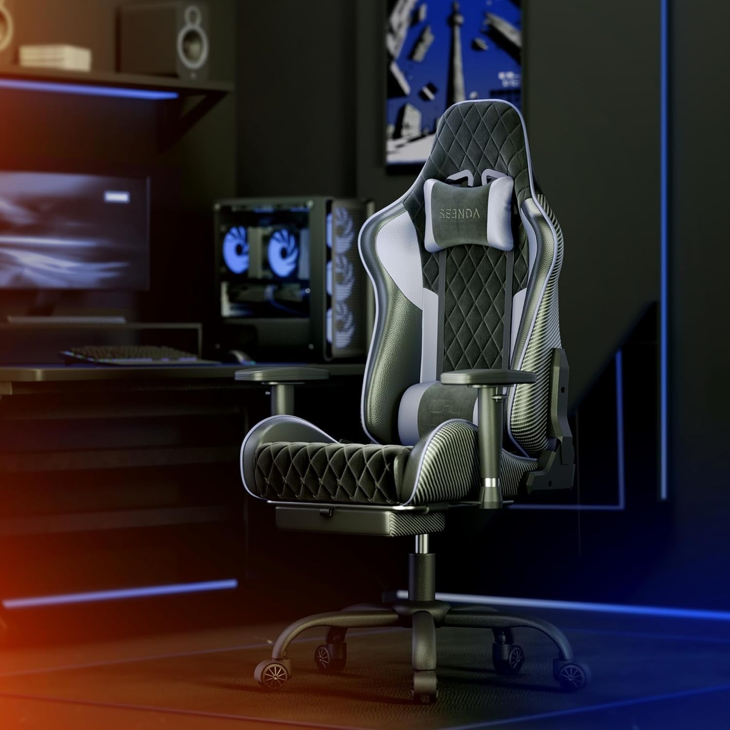 145° Reclining Gaming Chair w/ Footrest 330lb Metal Frame