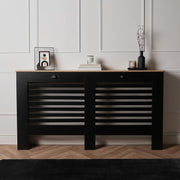 Large Black Radiator Cover with Oak Top – Modern MDF Slatted Cabinet
