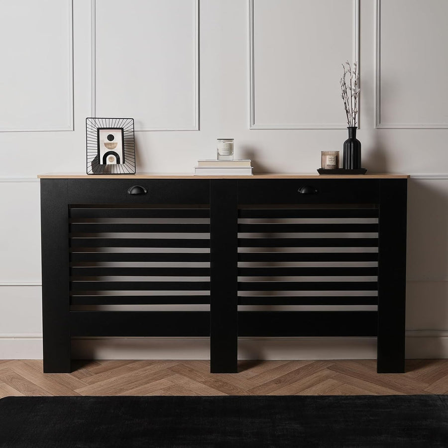 Large Black Radiator Cover with Oak Top – Modern MDF Slatted Cabinet