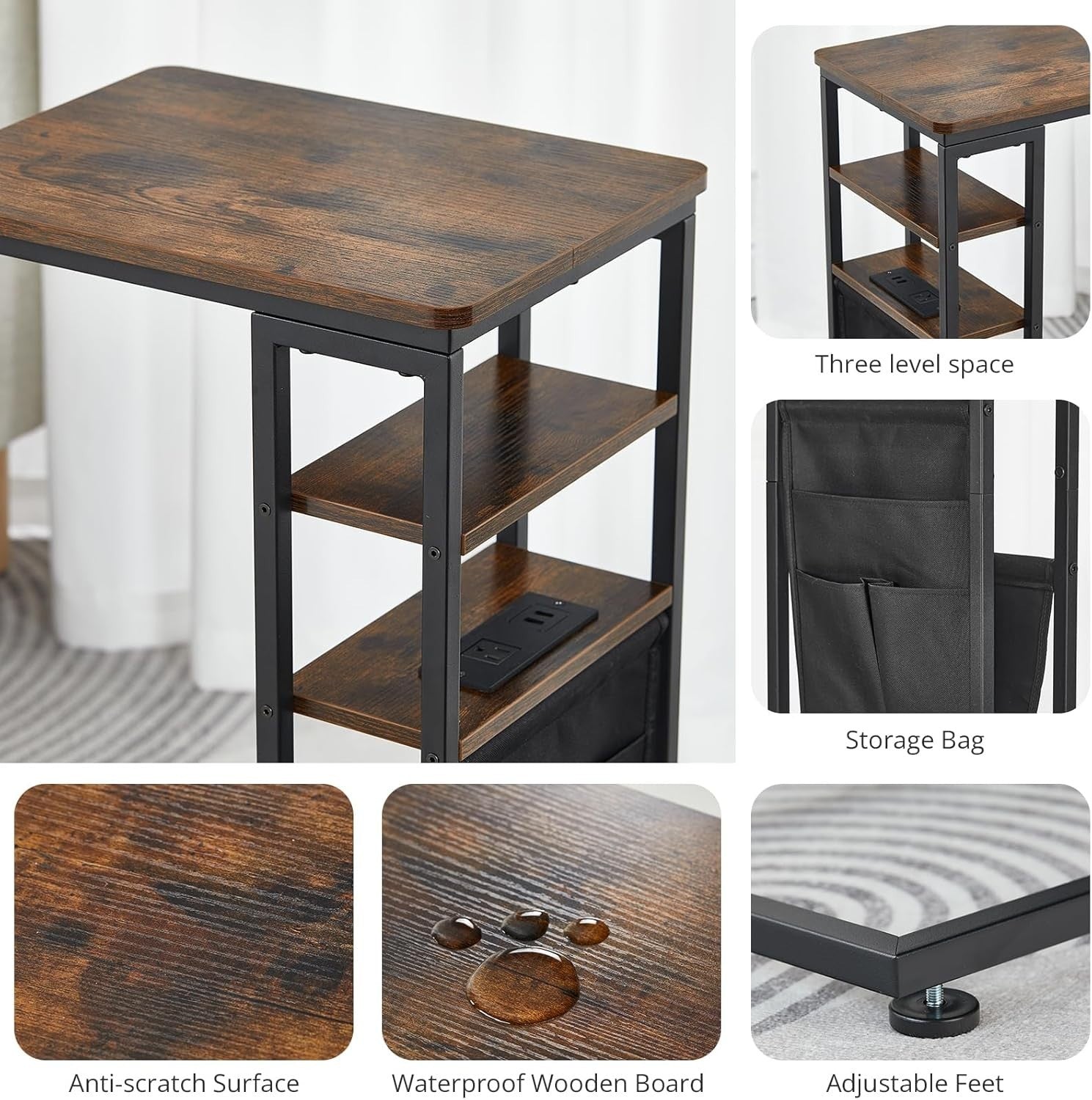 Retro C-Shaped End Table with Charging Station 3-Tier Storage Slim Sofa Table