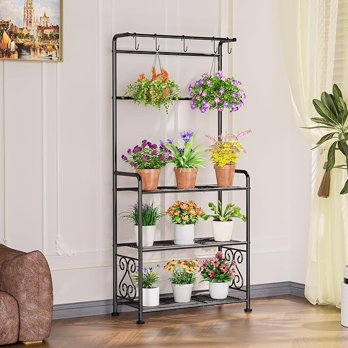 3 Tier Metal Plant Stand with Hanging Rod Indoor Outdoor Flower Shelf Black