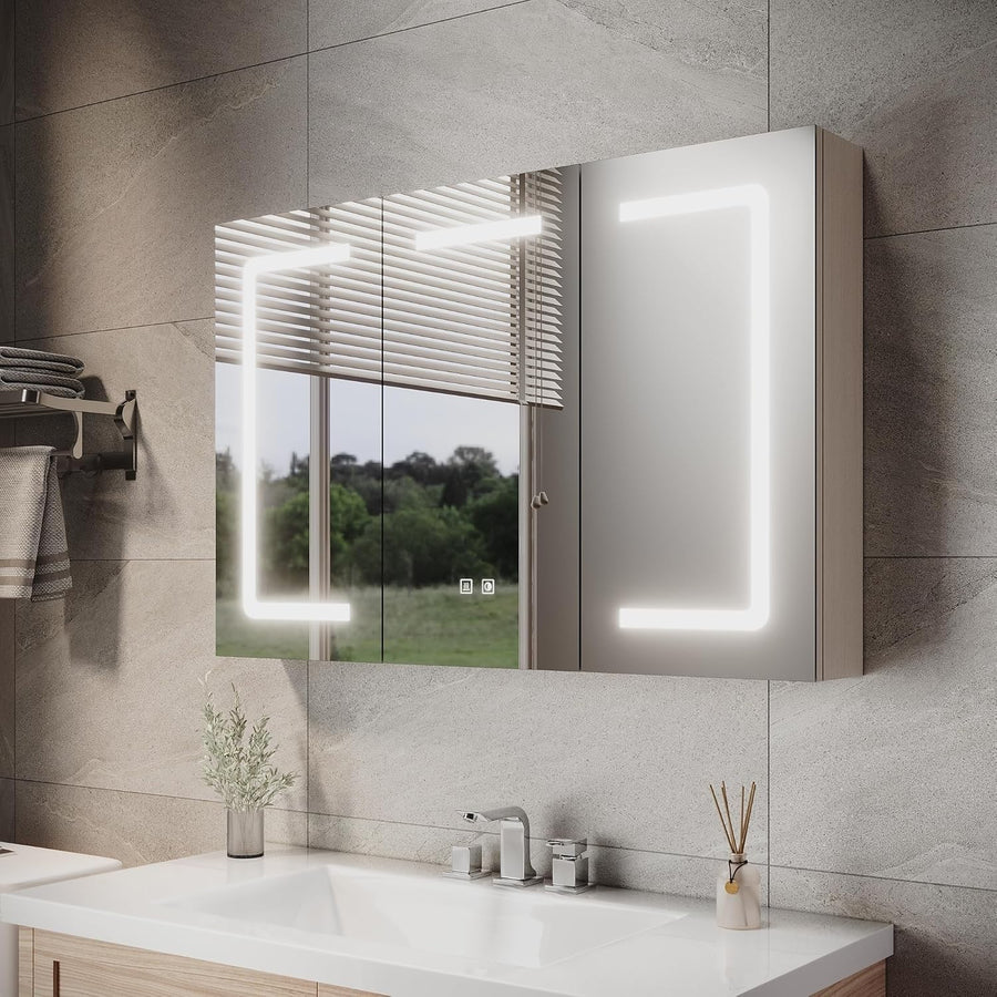 LED Bathroom Mirror Cabinet 900x600mm 3 Door with Shaver Socket & Defogger