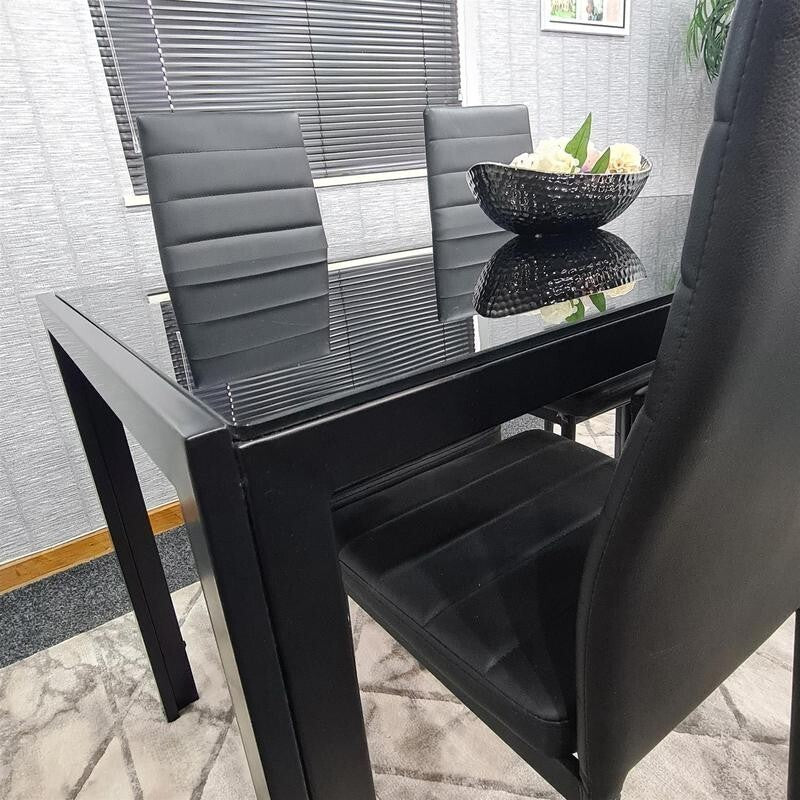 Black Glass Dining Table Set with 4 Leather Chairs Modern Kitchen 120cm