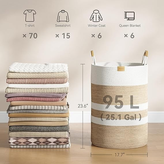 95L Foldable Laundry Basket with Leather Handles, Large Woven Beige Stripes Hamp