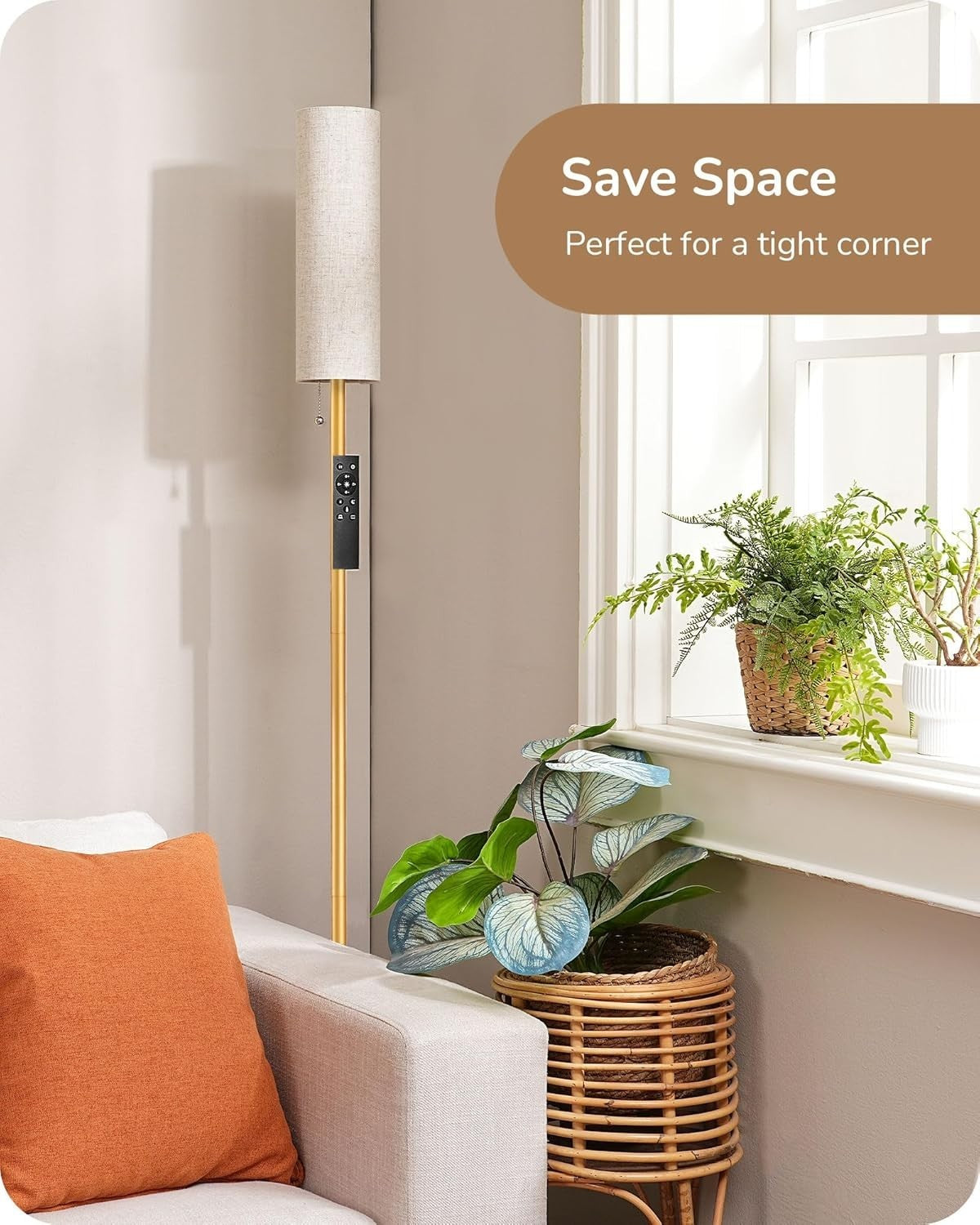 Gold LED Floor Lamp Dimmable Standing Light Remote Control Round Linen Shade