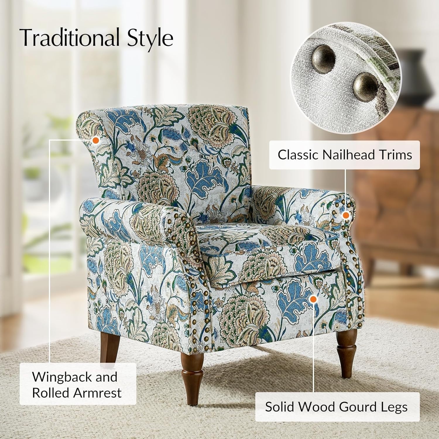 Set of 2 Floral Wingback Armchairs Upholstered Lounge Chairs for Living