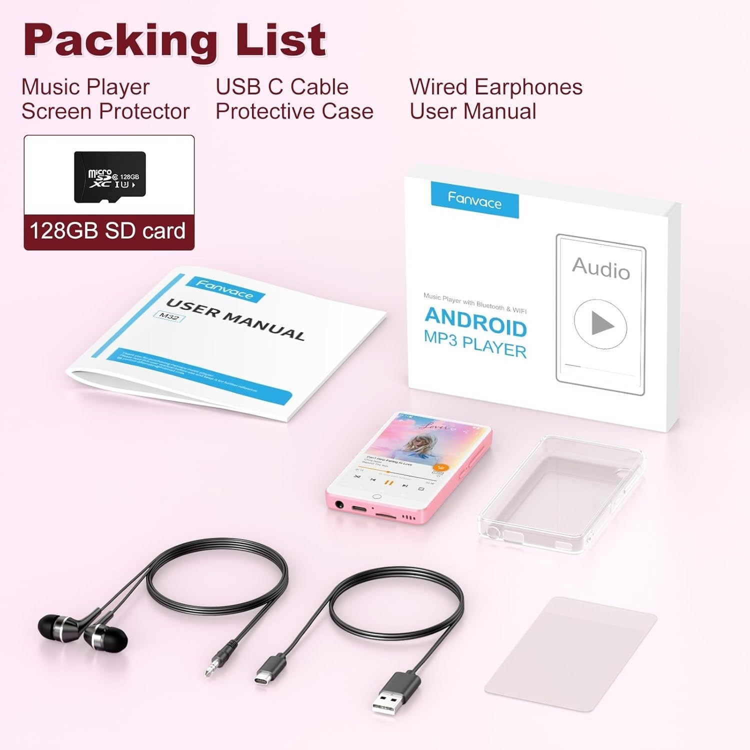 144GB MP3 Player Bluetooth WiFi 4" Touchscreen Android Pink