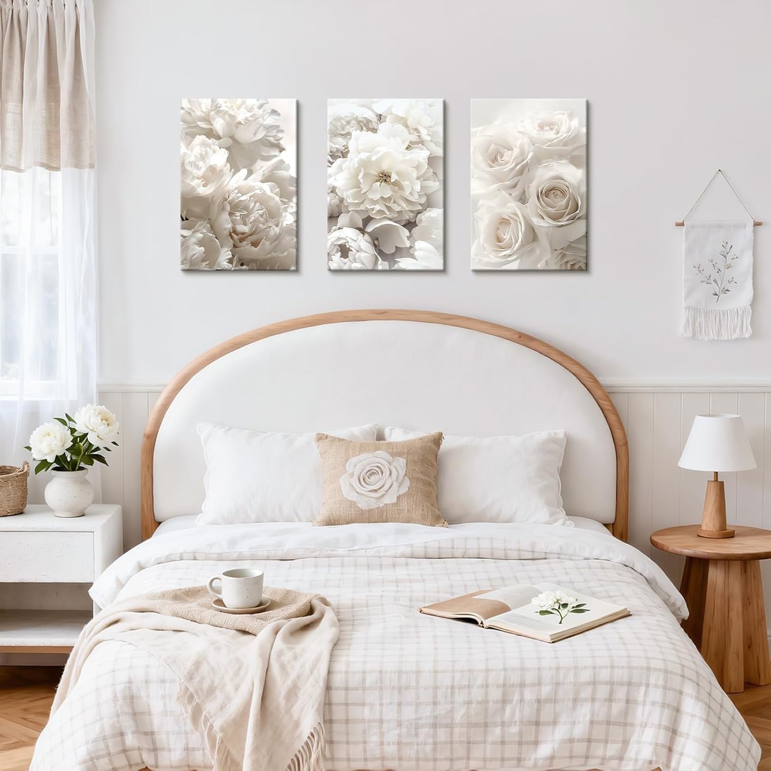White Floral Canvas Wall Art Set of 3 Framed 40x60cm