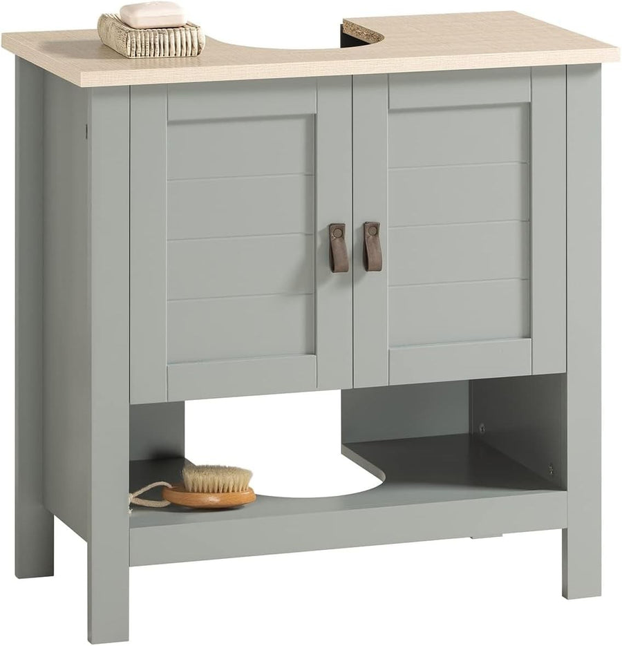 Light Grey Under Sink Bathroom Cabinet 2 Door Vanity Unit Shelf 60x60cm MDF