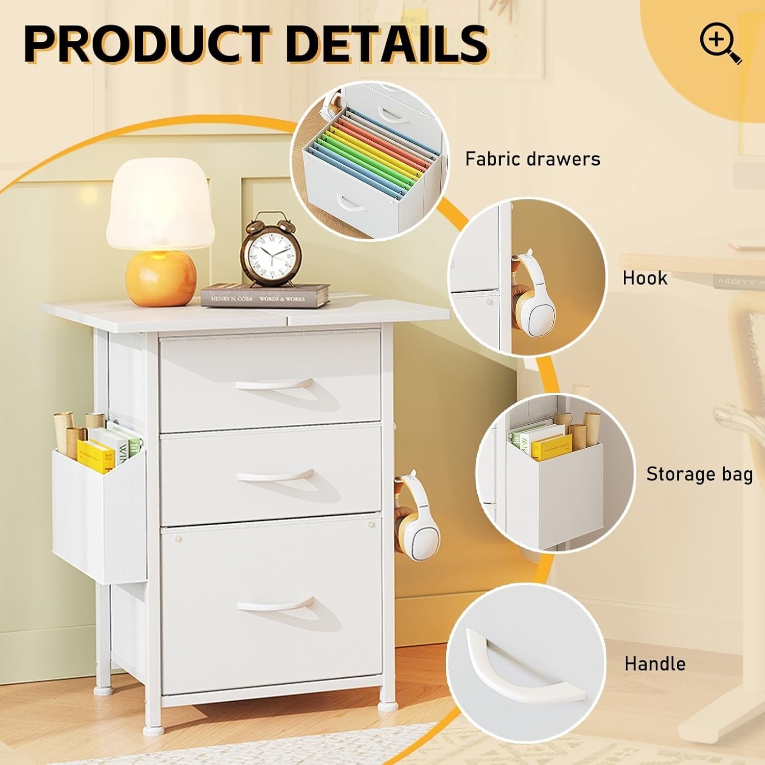 White Mobile File Cabinet 3 Fabric Drawer Rolling Printer Stand