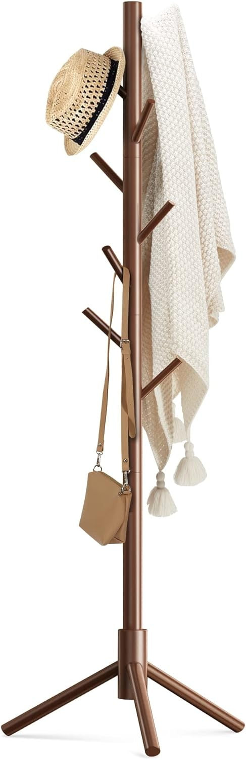 Wooden Coat Rack Stand with 8 Hooks Adjustable Pine Hallway Clothes Tree