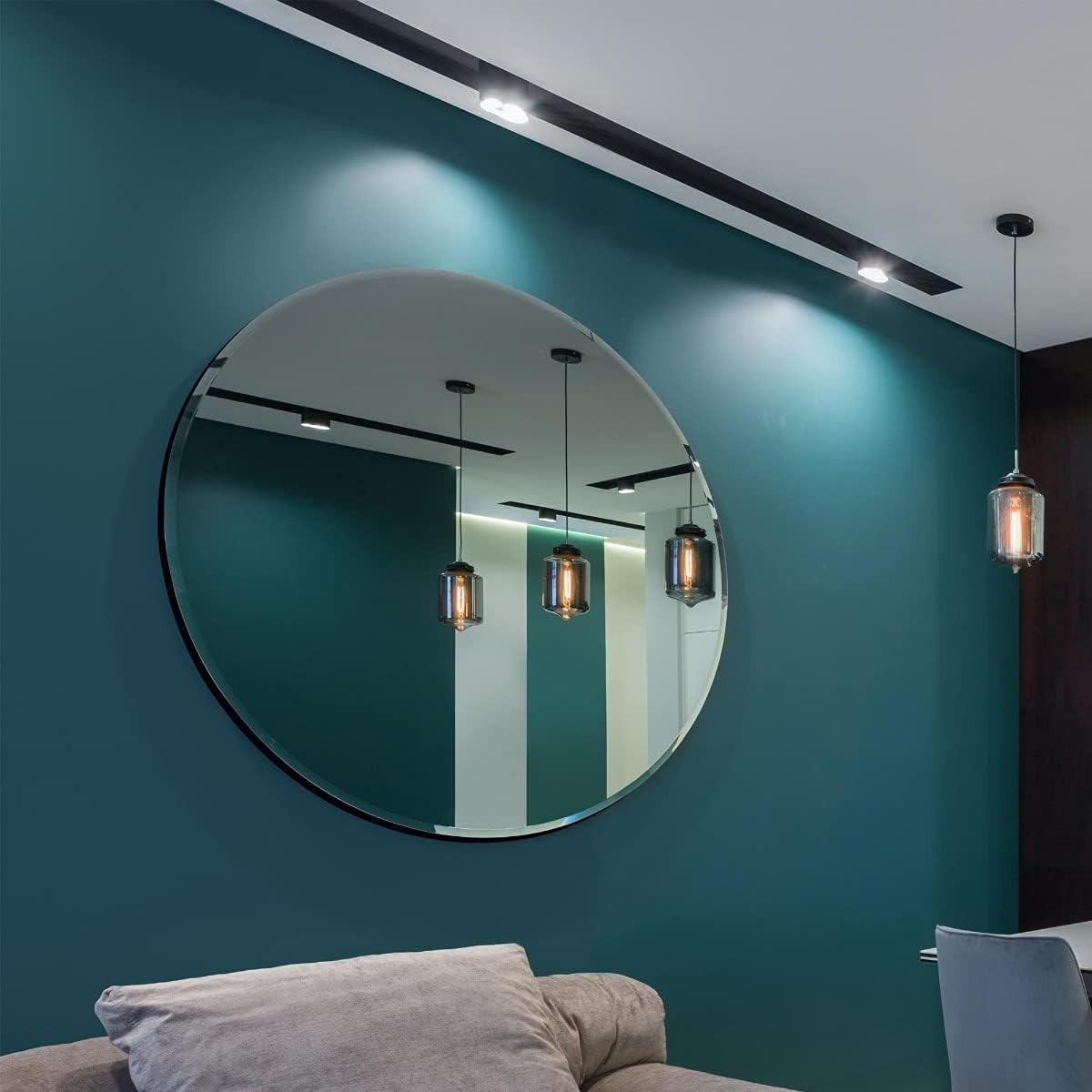 Large Round Frameless Bevelled Wall Mirror 120x120cm Modern Decor