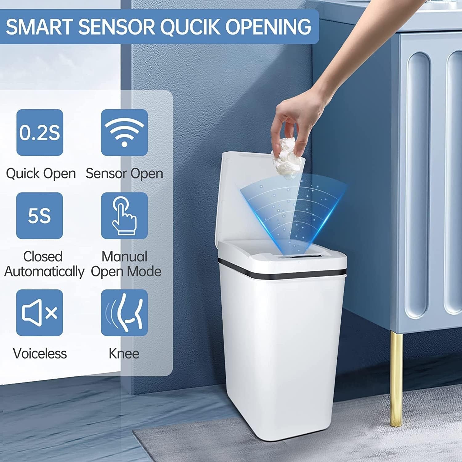 10L Touchless Bathroom Sensor Bin Slim Automatic Waste Bin White