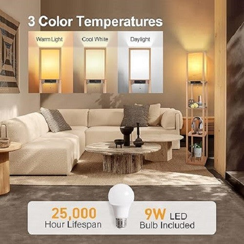 Floor Lamp with Shelves USB C Dimmable LED Wooden Standing Light