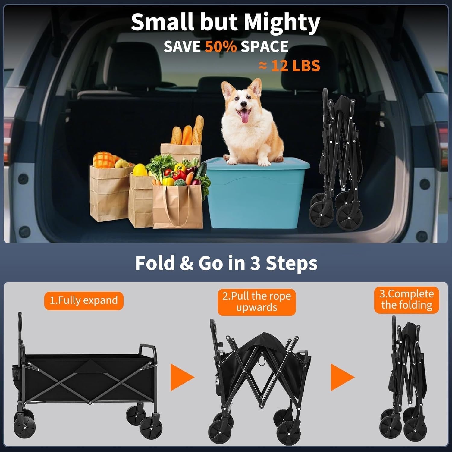 220L Folding Festival Wagon Heavy Duty Cart 172kg Load All Terrain Wheels Black