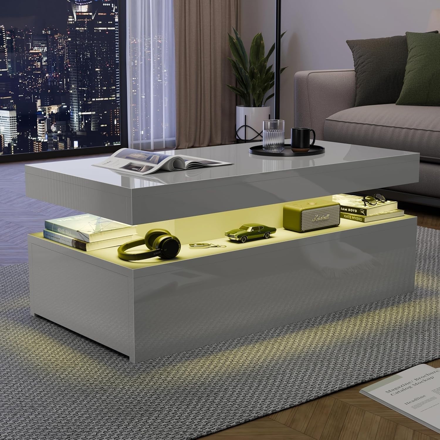 High Gloss Rectangle Coffee Table with 2 Drawers & RGB LED Lights 94x47x38cm