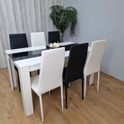 White Gloss Dining Table Set with 6 Faux Leather Chairs Modern Kitchen