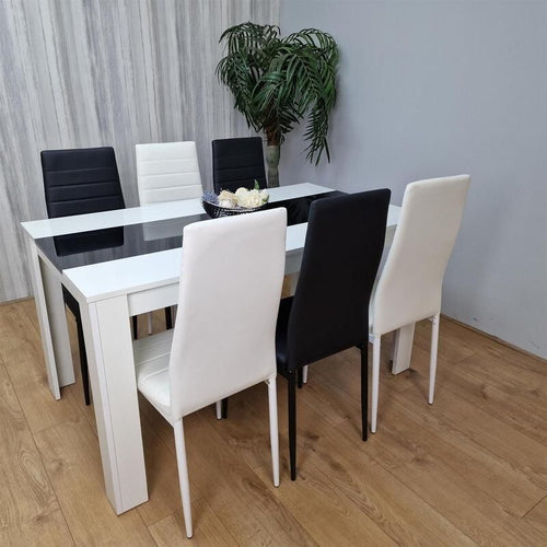 White Gloss Dining Table Set with 6 Faux Leather Chairs Modern Kitchen