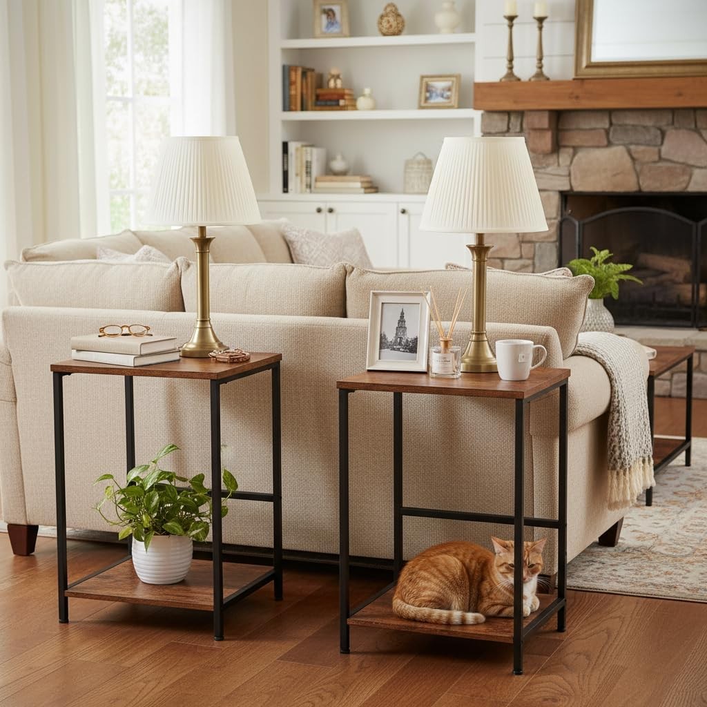 Set of 2 Rustic Brown Side Tables with Storage Shelf Small Industrial Bed Sofa T