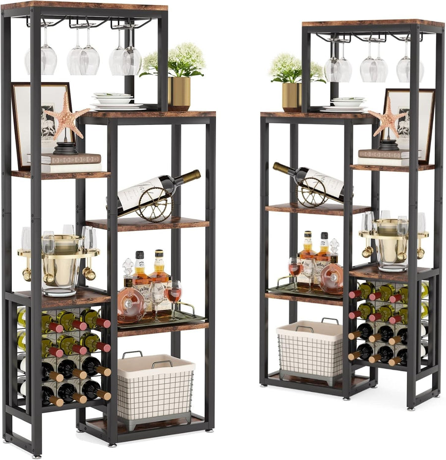 Freestanding 5-Tier Wine Rack Bar Cabinet with Glass Holder & Storage Rustic