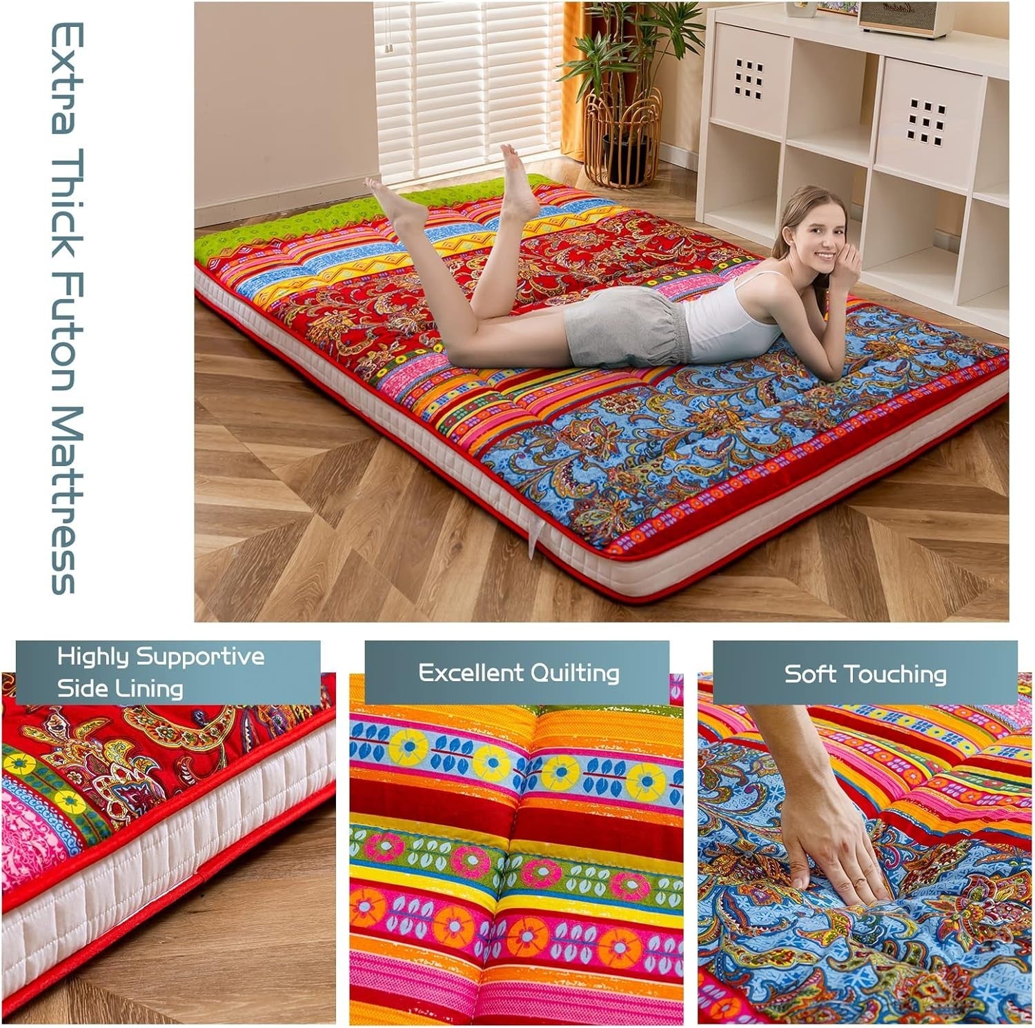 King Size Bohemian Floor Mattress - Thick Japanese Futon, Portable & Comfortable