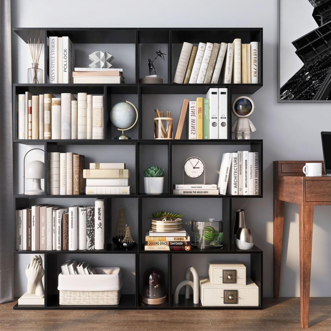 Modern S-Shaped 5/6 Tier Bookcase Elegant Display Shelf Storage Unit Black