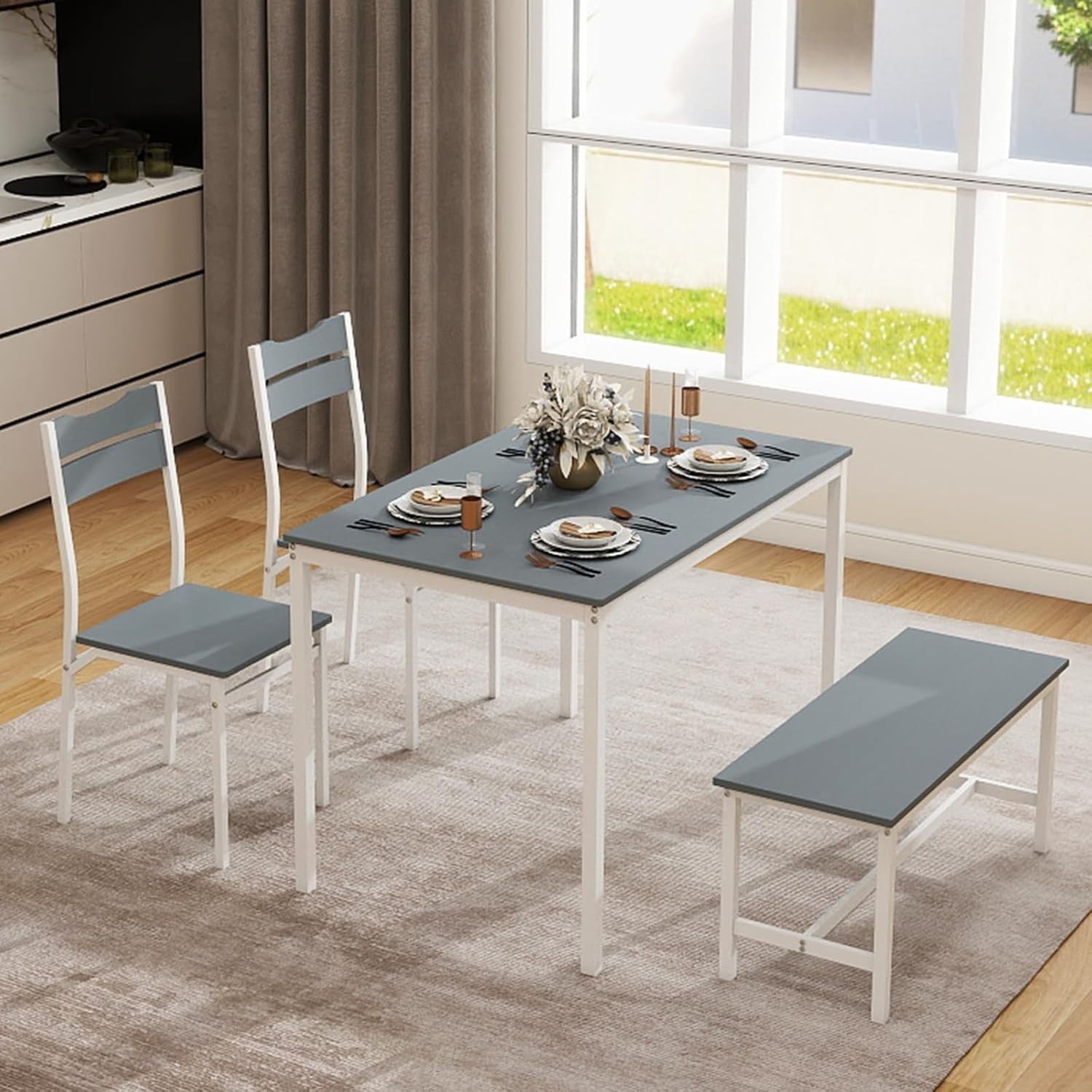 Space-Saving Grey Dining Table Set with 2 Chairs & Bench – Modern Kitchen
