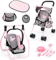 Pink Dolls Stroller Pram Set Pushchair Swing Bag Basket Toy
