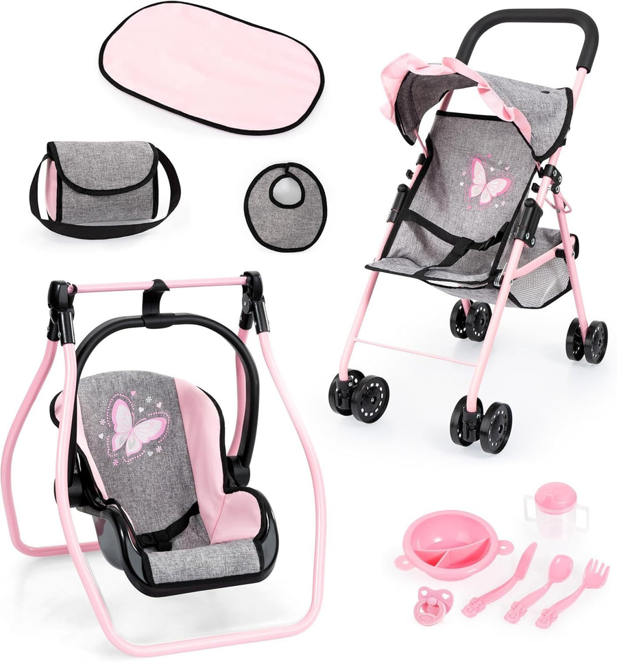 Pink Dolls Stroller Pram Set Pushchair Swing Bag Basket Toy