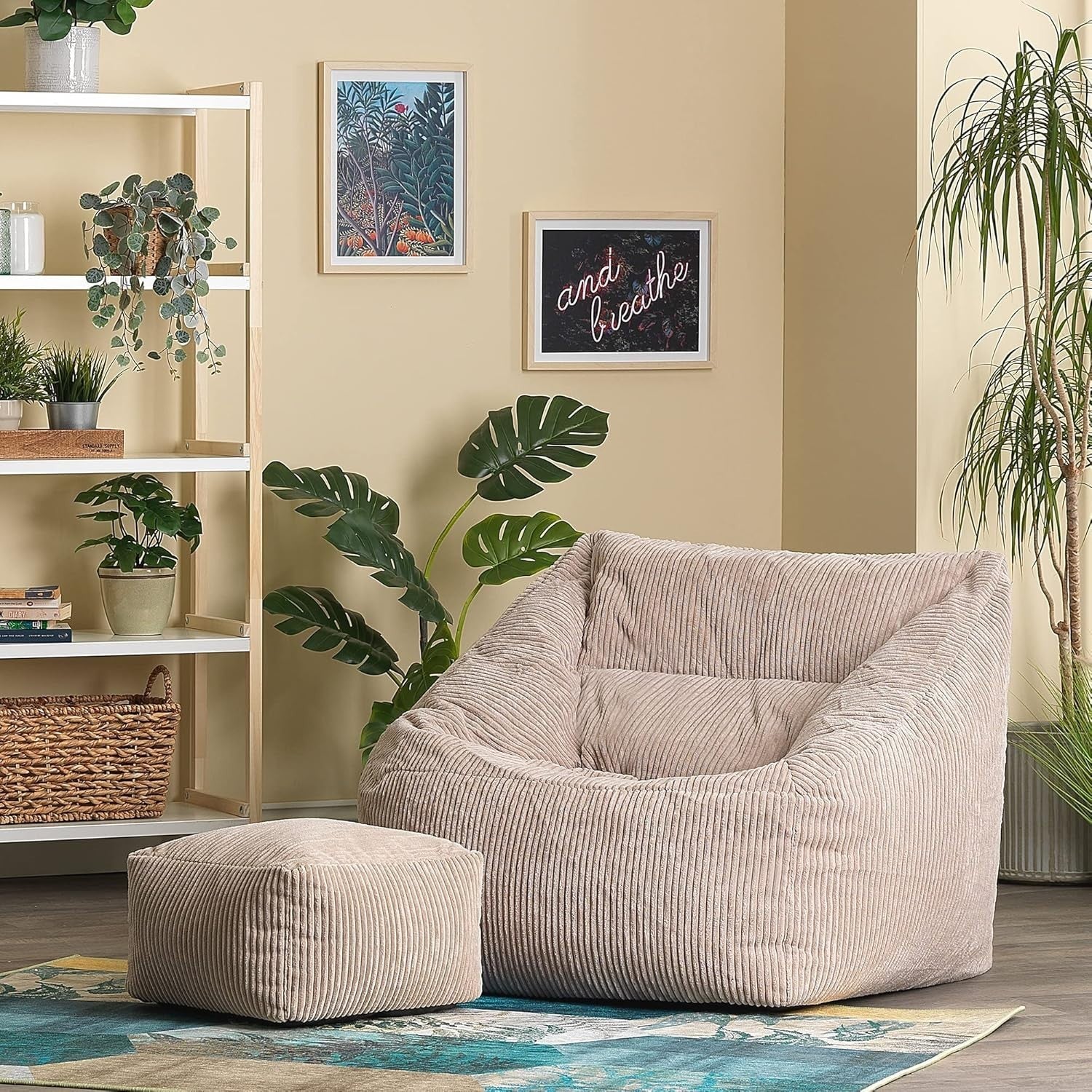 Beige Cord Bean Bag Chair with Footstool Lounge Armchair Seat Filled