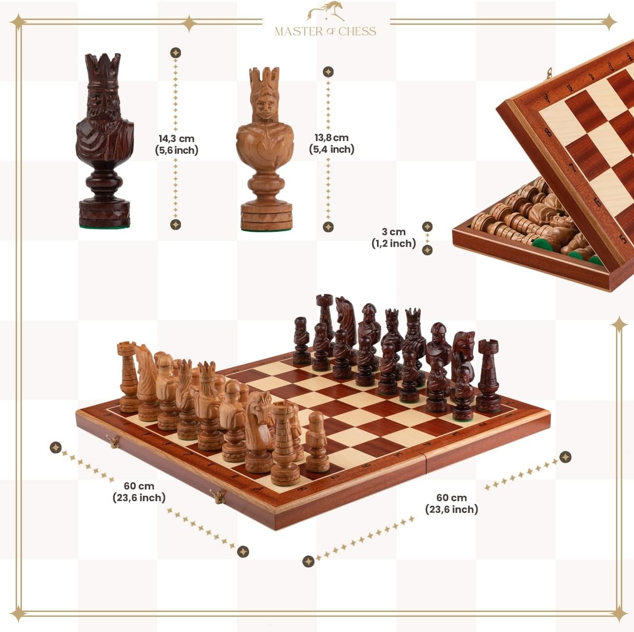 60cm Luxury Inlaid Wooden Chess Set – Large Hand-Carved Weighted Pieces