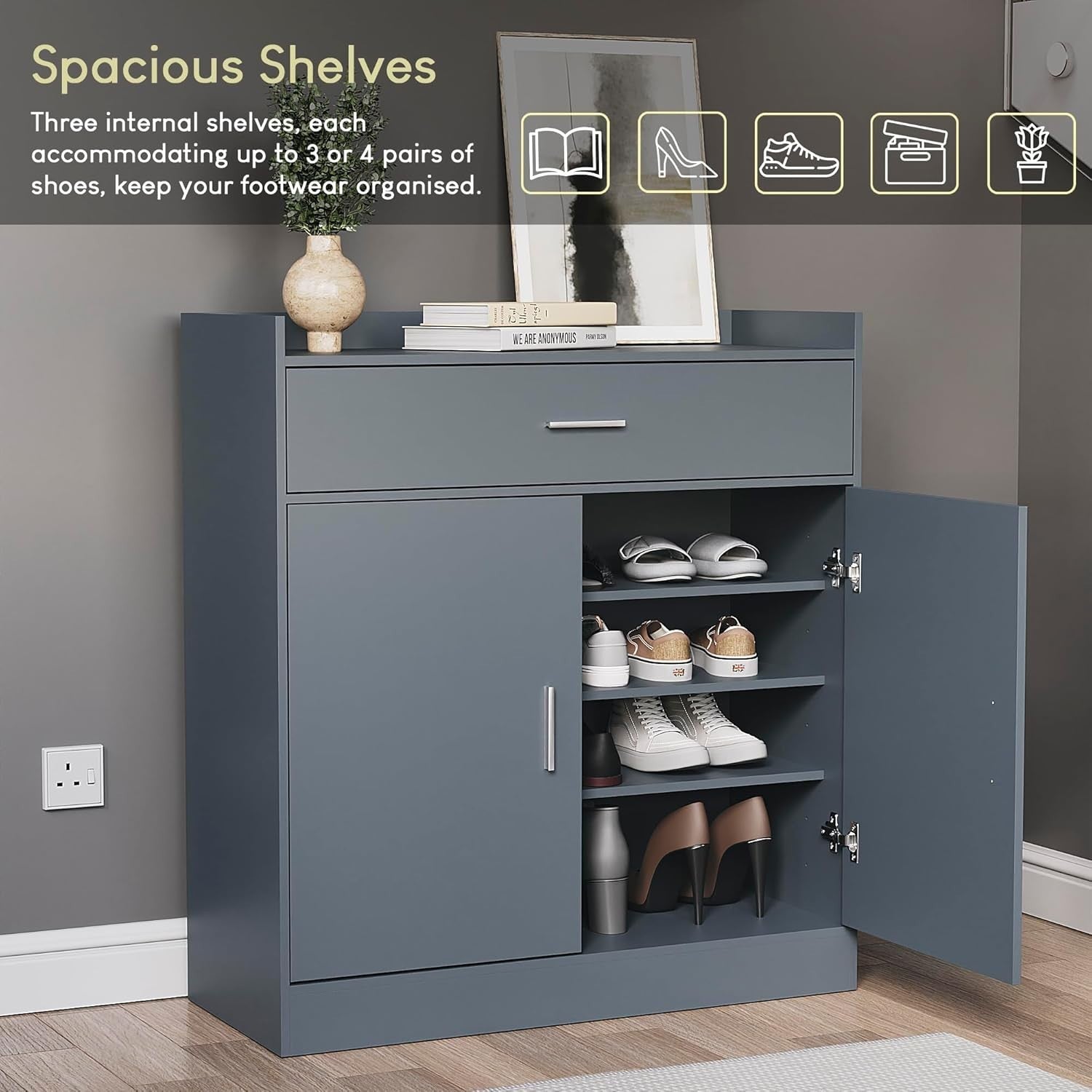 Modern Grey Shoe Cabinet with Drawer Hallway Cupboard 82x34x90cm