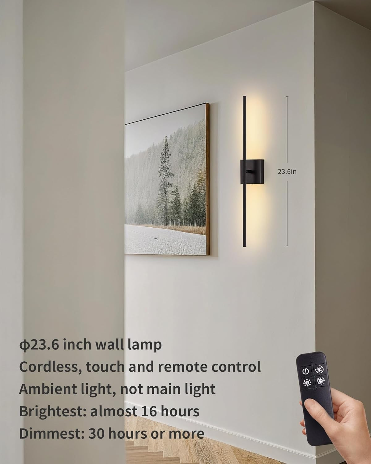 Rechargeable LED Wall Sconces Set of 2, Dimmable, Remote Control, 23.6"