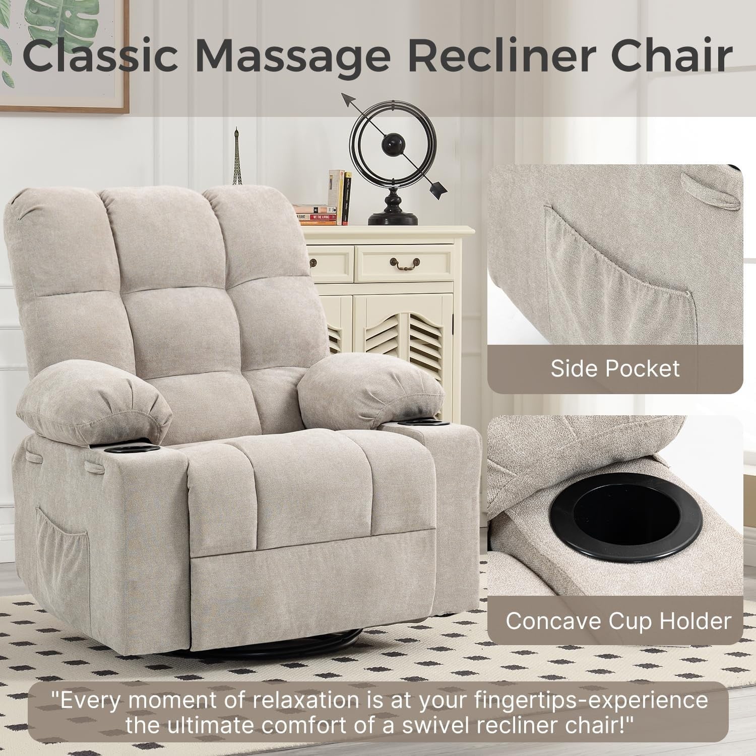 Recliner Chair Massage Heat Swivel Rocking Manual Footrest Cup Holders Beige